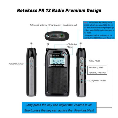 Retekess PR12 Mini AM FM-радио на батарейках