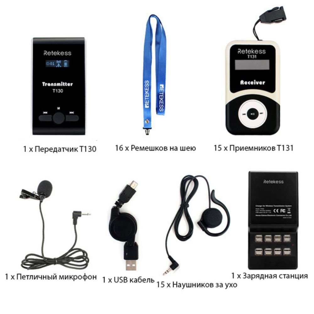 Retekess T130 T131 Radiosync SGTR02 Беспроводная система экскурсоводов Система аудиогидов с 16-портовой USB-базой для зарядки Для экскурсии по заводу