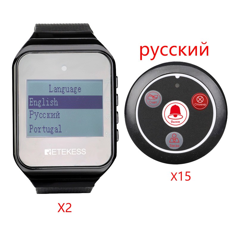 Ресторанная система вызова RETEKESS TD108 intelligent watch receiver с черной кнопкой вызова русской версии T117 подходит для ресторанов, кафе, баров и других заведений